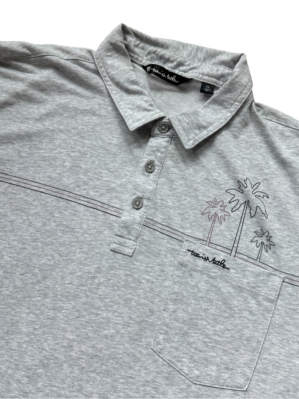 TravisMathew Men Palm Tree Pocket Polo Shirt XXL Gray Coastal Golf Resort Casual